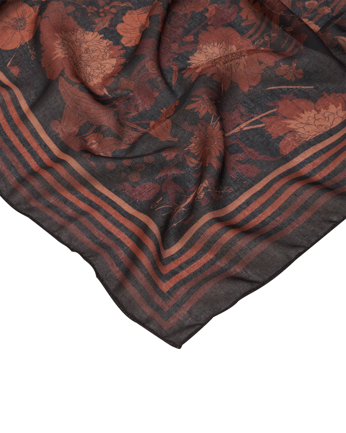 Brown Deco Blooms Brown Stripe Border Lightweight Scarf - Image 3