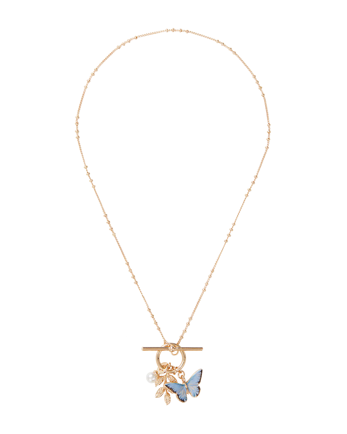 Enamel Blue Butterfly & Leaf Charm Necklace - Image 3