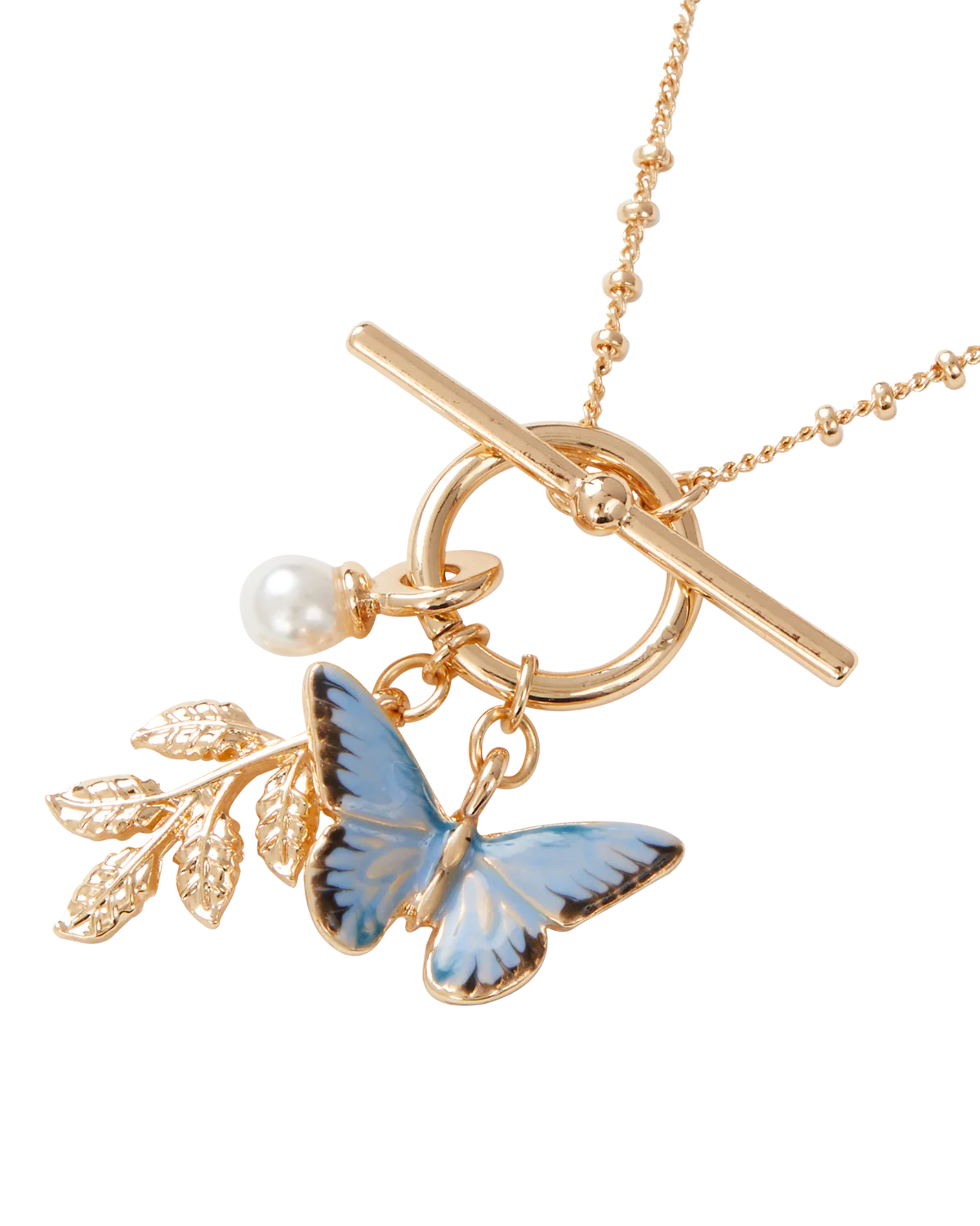 Enamel Blue Butterfly & Leaf Charm Necklace - Image 4