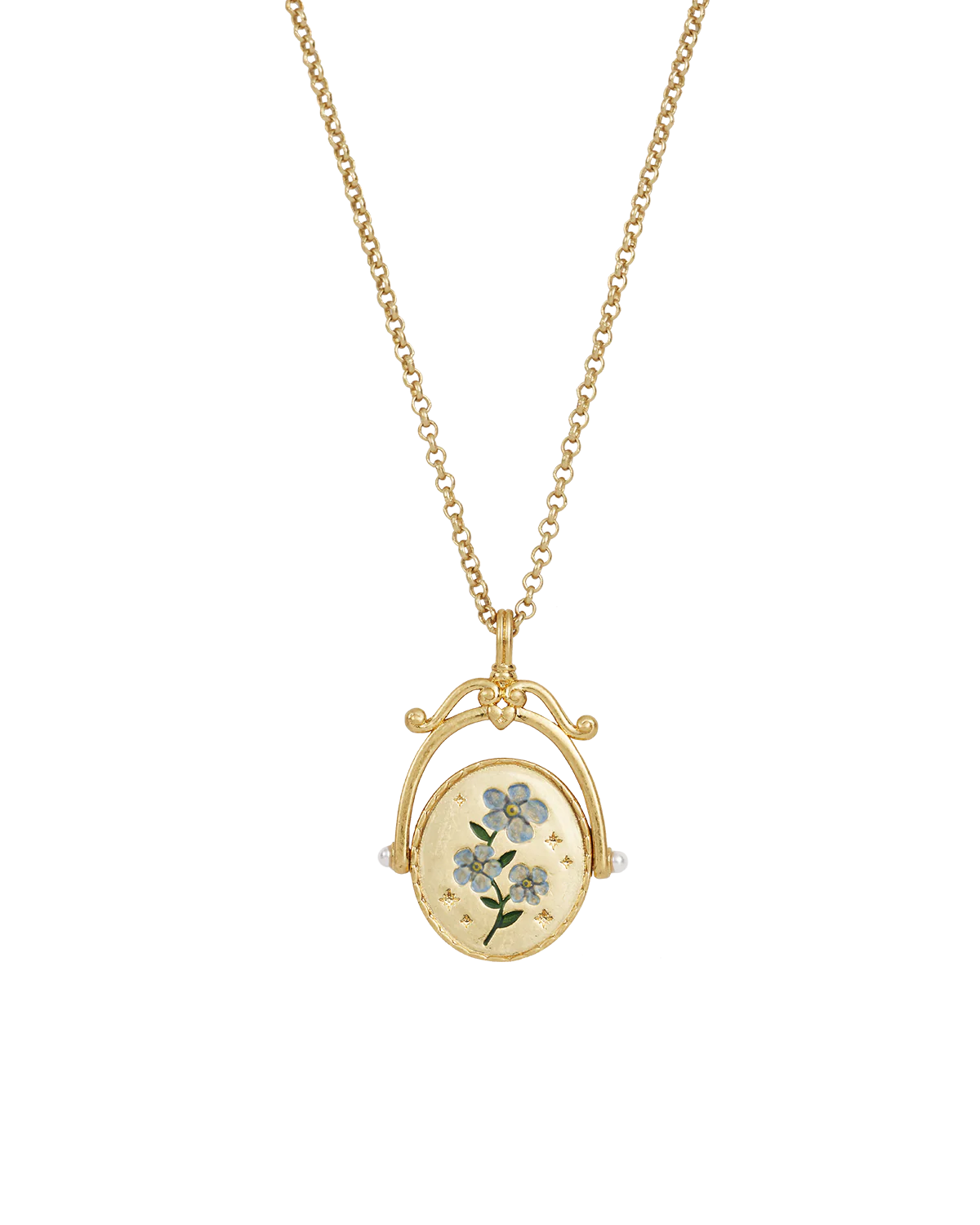 F Initial Forget-Me-Not Gold Spinner Necklace - Image 6