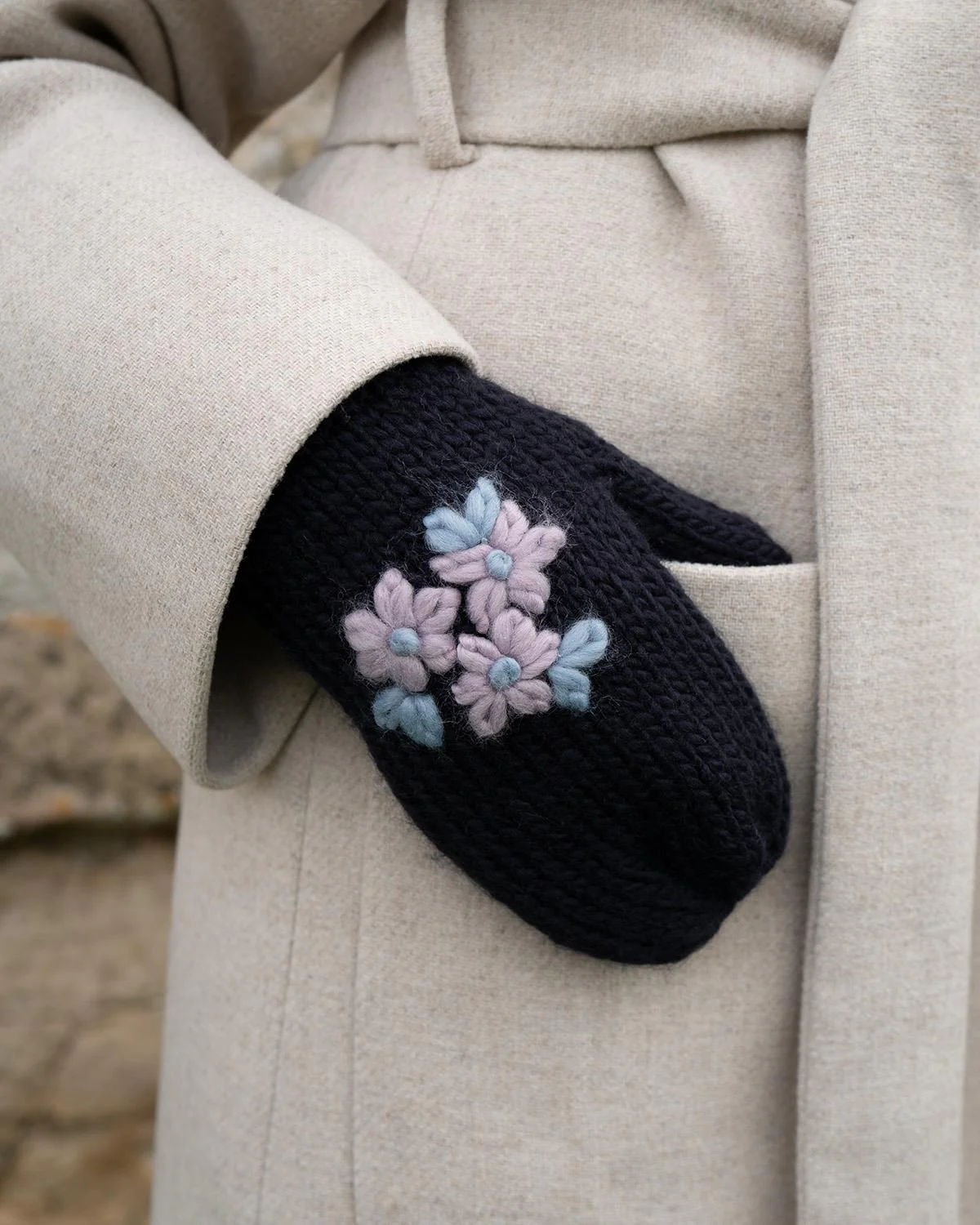 Forget-Me-Not Knitted Navy Mittens - Image 2