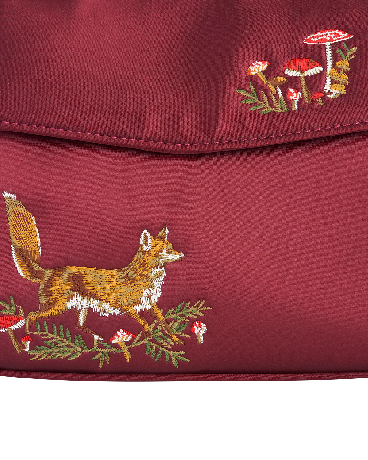 Fox & Mushroom Embroidered Burgundy Satin Tote - Image 3