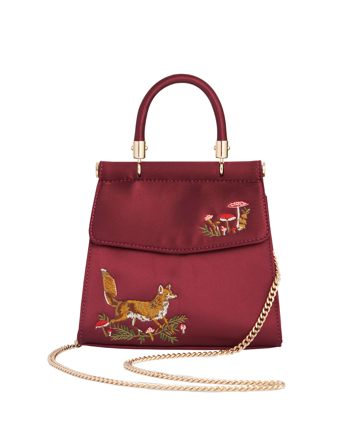 Fox & Mushroom Embroidered Burgundy Satin Tote - Image 4