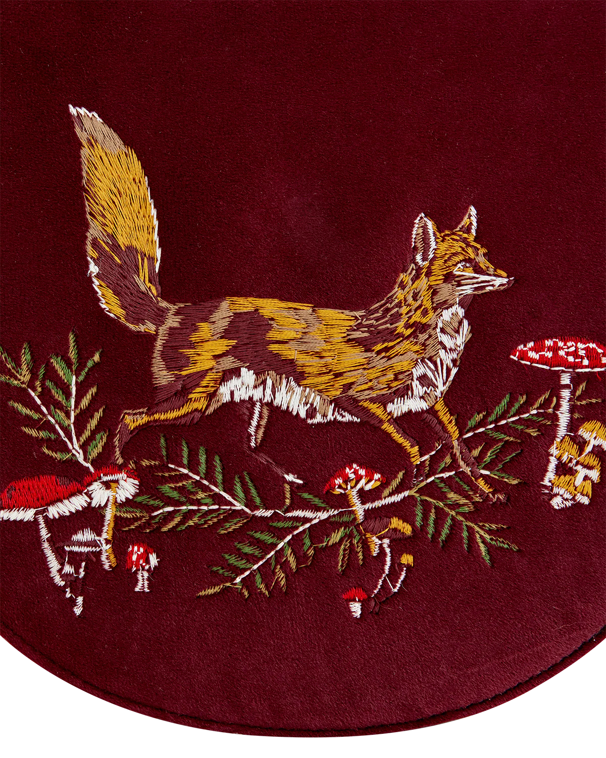 Fox & Mushroom Embroidered Saddle Bag - Redcurrant Velvet - Image 3
