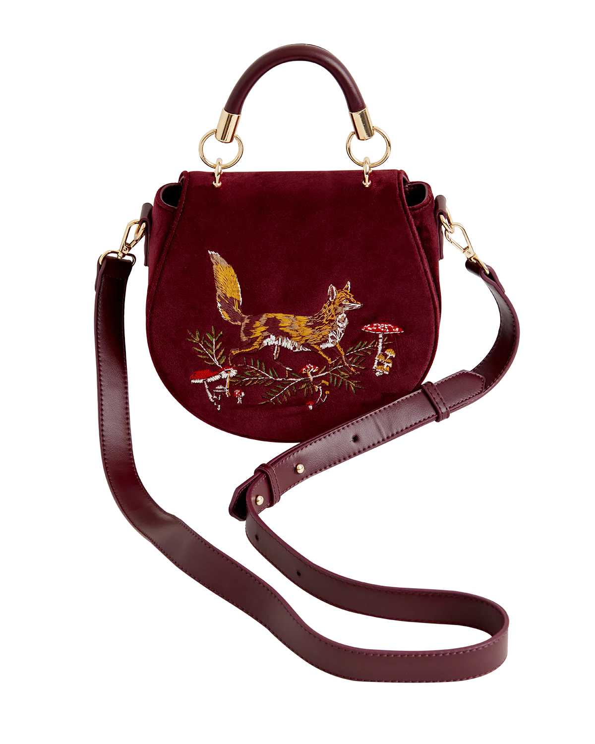 Fox & Mushroom Embroidered Saddle Bag - Redcurrant Velvet - Image 4