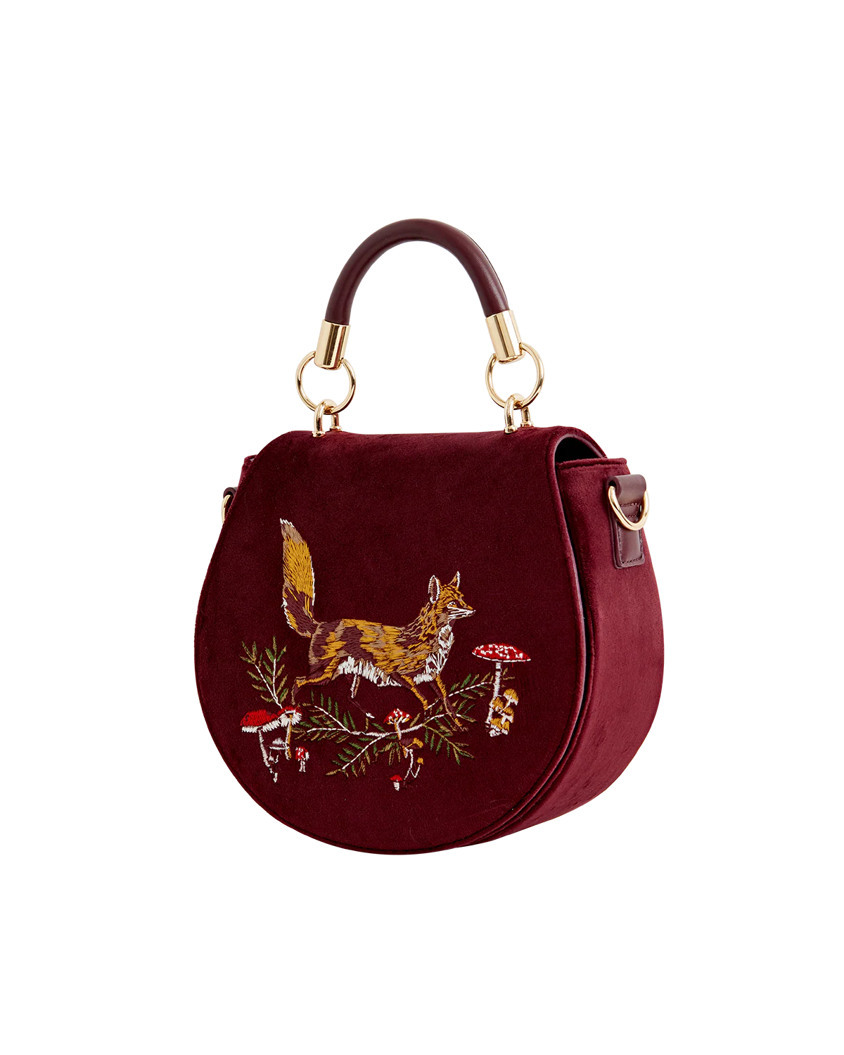 Fox & Mushroom Embroidered Saddle Bag - Redcurrant Velvet - Image 6