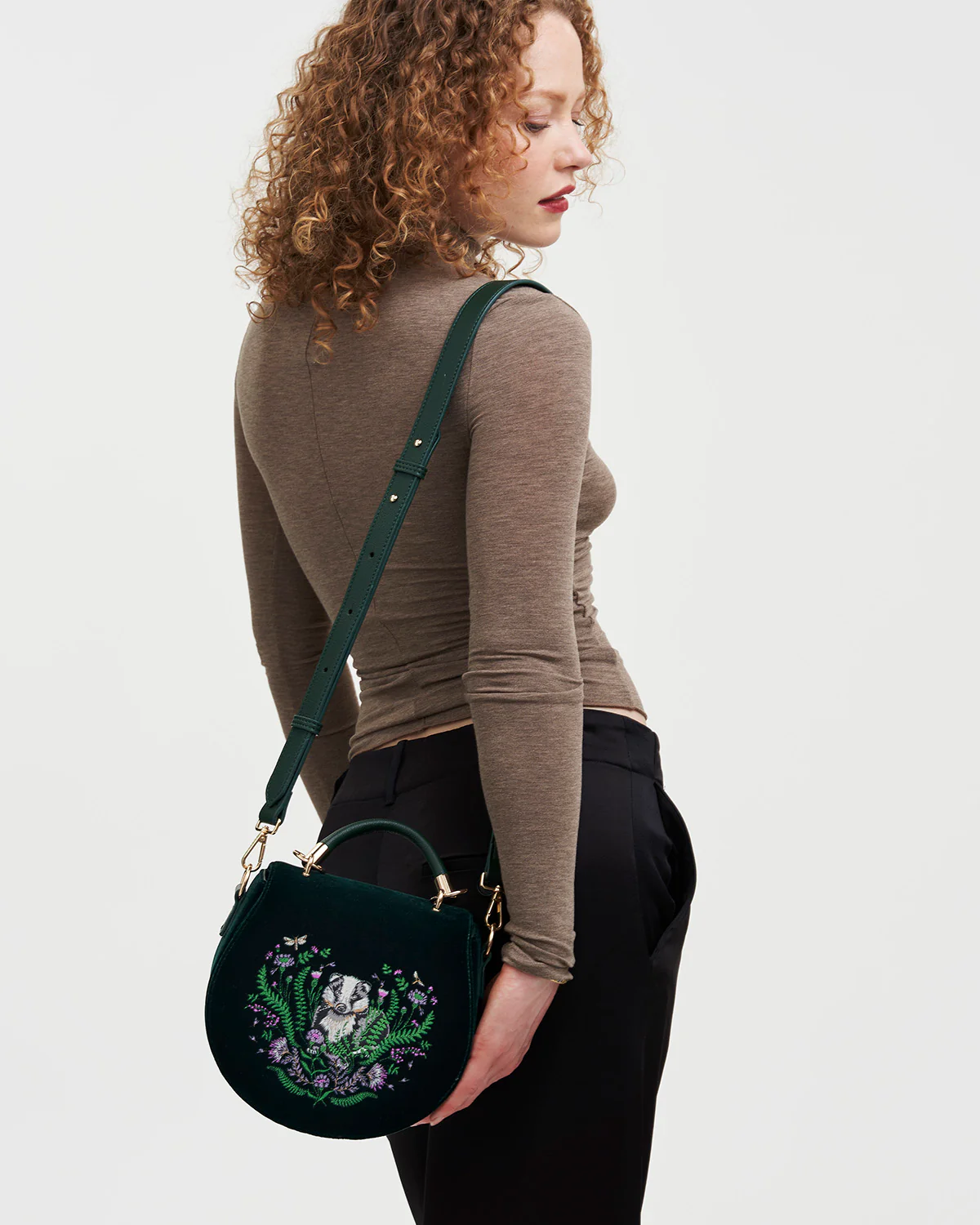 Green Badger Embroidered Top Handle Saddle Bag - Image 3