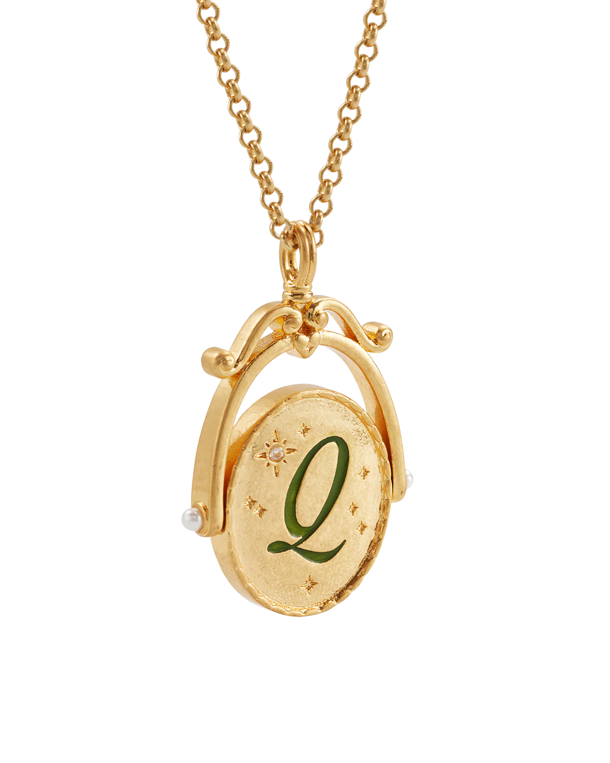 Q Initial Queen Annes Lace Gold Spinner Necklace - Image 7